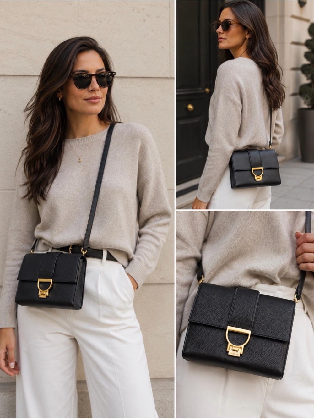 Coccinelle Black Pebble Leather Crossbody Bag with Gold Buckle